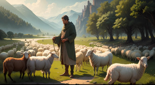 A serene landscape with a shepherd and his sheep: A picture depicting a peaceful landscape, with a shepherd lovingly tending a flock of sheep. This image symbolizes the protection and divine care mentioned in Psalm 23, conveying a sense of peace and security. --auto