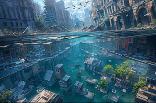 (best quality), (masterpiece), (photorealistic), (realistic), very detailed, unity 8k wallpaper, highly detailed cg, ray tracking, sharp shadows, great detail, depth of field, super detailed background, collapsed civilization, collapsed metropolis, collapsed metropolis, swallowed by water collapsed metropolis, broken landmark tower in the middle, no electricity, bird paradise, crystal clear water, calm water, wide blue sky, flowing clouds, underwater cityscape, ruined city,