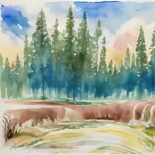 Watercolor landscapes with blur and contour markers, the rays of the sun break through the clouds, fill light