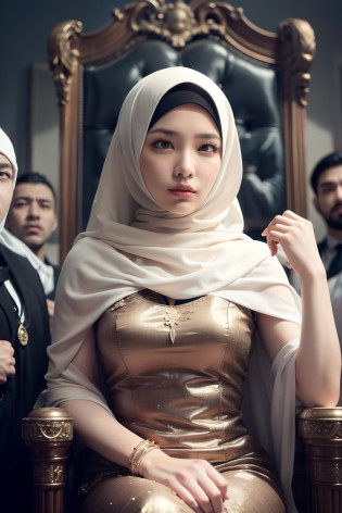 Compose a striking and cinematic photograph featuring a beautiful Malay woman in hijab and wear summer outfit seated on a throne as the leader of a mafia gang, surrounded by her loyal male followers. Use dramatic and moody lighting techniques to create a compelling atmosphere that highlights the intensity and power dynamic within the group. Pay special attention to the woman's confident and enigmatic expression as she commands the respect and allegiance of her followers. Capture the essence of their unity and authority, evoking a sense of intrigue and strength that defines their presence in the underworld.