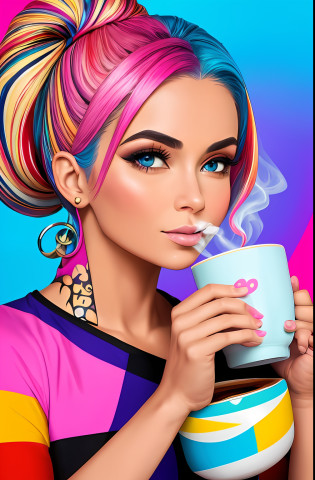 (A BEAUTIFUL WOMAN WITH A CUP OF COFFEE COMING OUT SMOKE IN HER HAND, Beautiful cup ,coloridas ,pink and blue WRITTEN WE COOFFE ON THE CUP ),  Eduardo Kobra ,Romero Brito,The Filling Twins ,multidimensional geometric wall PORTRAIT, arte, Chibi,
Yang08k, lindo, Colouring,
Primary works, qualidade superior, melhor qualidade, Arte Oficial, Beautiful and Aesthetic, 128 mil