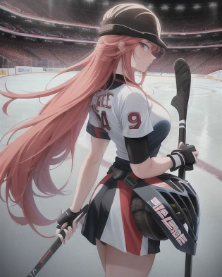 A beautiful long espresso color haired girl hockey player is holding a single hockey stick and has her helmet on. The setting takes place in an ice hockey stadium with thousands of fans. Her eyes are natural and she is wearing the team's uniform. The painting is anime, professionally color graded, 8k HDR, vivid, bright, anime faces, hyper resolution, depth of field, and created by Artgerm, Greg Rutowski, and Alphonse Mucha with volumetric lighting. The painting has very bright colors and uses anime faces.