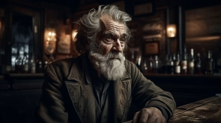 photograph of an old man with wrinkled skin and a grey beard, in an old bar, gloomy, moody, ultra realistic, ultra detailed, photorealistic
