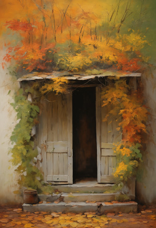 The hut of the day Pale yellow leaves drifting Walls crawling with vines Doors and windows closed,Quietly, the eaves droop down the swing, the wind chimes clang, and the door opens,A faint smell of grass rushes towards you, stepping on the fallen leaves,Step inside and fire jumping in the fireplace A cup of fragrant tea on the table Waiting for the host to come home