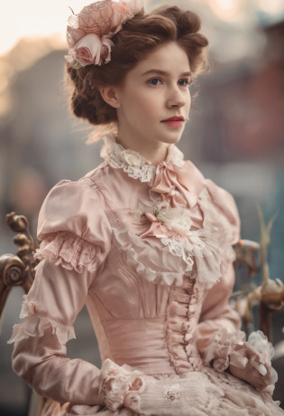 Young pretty girl in Victorian style?Gamine?Young Child 1. **lo fashion**: Victorian fashion is characterized by dressy and elegant design?Ruffles and laces?corsets?Try incorporating elements such as long dresses? 2. **hairstyle on**: Women's hairstyles in the Victorian era are often complex and delicate?Upstyling and curling?It is also a good idea to add ribbons and floral ornaments to the hair.? 3. **Features**: Girl's facial features with soft features?Beautie?kawaii?Beautiful 5. **accessorized**: Accessories played an important role in the Victorian era?Hats????gloves?umbrellas, etc.?By drawing accessories with attention to detail?You can give your character personality? Nice dress?florals?Luxurious costumes?pink there?PastelColors