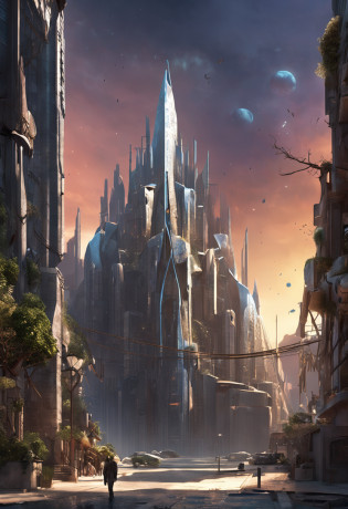 A street full of beautiful and elegant buildings, Bluish atmosphere, At the end of the street a beautiful and elegant tower, architecture mystique et futuriste, Concept Art de science-fiction mystique, Warframe Concept Art, Art conceptuel futuriste et magique, Concept Art du futur et fantasy, Conceptual Art Masterpiece, Concept Art Scene, Concept Art 8 K, Art conceptuel professionnel, Concept Art de science-fiction et de fantasy elfique, Sci - FI Concept Art, high quality digital concept art, runes, touches d'architecture elfique, magie, Architectural mix, Sober architecture with elegant Scifi lines