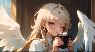 Picture of a girl with a cup of coffee and angel wings, beautiful angel girl, close one eye, beautiful angel, angel girl, beautiful angel portrait, beautiful angel girl portrait, angel, angel, coffee dark angel, winged girl angel, adorable digital painting, angel themed, angel, beautiful female angel, young one angel