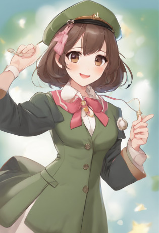 (Daisaku),(Need),(Super meticulous),(full bodyesbian:1.2),1girl,tchibi,adolable,ssmile,open-mouth smile,Light blue background,Raise your right hand,Hold a pencil in hand,Hold a book in your left hand,Music,Pink berets,Manteau,The shirt,short detailed hair,green headwear,Blurred,brunette color hair,longer sleeves,By bangs,Earphone,brunette color hair,(beautiful  detailed face),(???????),