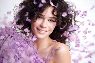 livelike photography of dark curly hair Female Model; smiling face; latin skin plump lips; pleasent face; very light lavender dress; white background; delicate design silk dress made of lavender flowers and petals; flying lavender flowers and petals all over the photo; ultralight shapes; ultralight white silk fabrics waving in a different directions; extremely detailed skin; beautiful eyes, pink lips, beautiful body composition; realistic style, sharp details --ar 6:4 --quality 2 --seed 4174022844 --s 750 --v 5