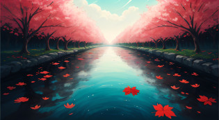 I can't remember the feeling of the beginning
The landscape painting depicted is a devil that deceives angels
Eventually, even the hot heartbeat and lies will end
Counting on my fingers, the last time of freedom
Baring my teeth and howling, just flowing people
The abyss reflected in the water surface
Because it sways and disappears with withered leaves
Because it fades in the waves
Is there a nostalgic memory at the destination led to?
The scars that can boast of time
Blossom vividly and unhealed in red
In the same time, blooming vividly, 
abstract landscape,
(best quality:1.3), (highres:1),