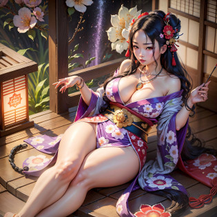 (Cinematic Light, Top Quality, 8K, Masterpiece: 1.3), (World Wonderful, Goddess of the Japan, Japan Beautiful Girl, Korean Goddess), (Full Body), One Girl, (Necklace, Bracelet, Anklet, Leg Ring), (Huge Breasts, Cleavage, Exposed Breasts, Sexy Cleavage, Highly Detailed Breasts), (Colossal), � la Fed Woman in Kimono, Kimono, Classic Kimono, Kimono, Japan kimono, long and beautiful flowing kimono, intricate geisha kimono, red or purple kimono with floral pattern, Japanese style, wearing kimono, inspired by Kano Hogai, --auto --s2