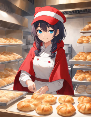 ((Cat's ears)),((Wearing a baseball hat)),((Wearing a red cloak)),Black underwear,Clear blue eyes,A talented baker who meticulously forms the best dough for flaky pastries. The image is?Shows a well-equipped bakery with stainless steel countertops and a set of baking tools. Baker, Young man with radiant smile?Shishi Woman, Roll out the dough with a wooden rolling pin, Show off her expertise. The aroma of baked goods fills the air. In the background?Trays of golden croissants and delicately woven Danish pastries are chilled on racks. This photo is?Encapsulates the precision and skills required for the art of pastry making. photographed:Claire Ptak,