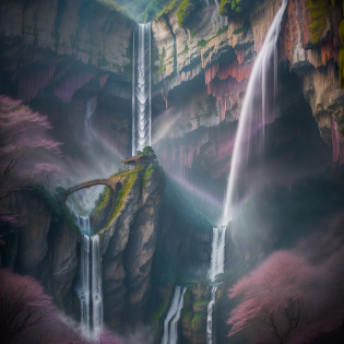 ((scenic), (poetic), (serene), (natural wonder), (waterfall)), scene, incense burner, purple smoke, distant view, waterfall, hanging, front stream, flowing, descending, three thousand feet, resembling, Milky Way, falling from the ninth heaven.