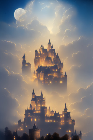 View of a Castle, it's on a hill surrounded by clouds. Many towers are both a defensive and decorational aspect of this elegant castle. Many slightly illuminated windows are scattered thinly across the walls in an asymmetric pattern. The castle is surrounded by a garden barely seen through the fog. Clouds and fog on the base of the castle, the castle looks like floating on the air. Illuminated by the moonlight. Starry night with nebulae as background. Surrealist concept, Realistic ray traicing.