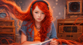 girl CHILD 10 years old, PORTRAIT STYLE, with headphones holding a Pink Floyd album, The Dark Side of the Moon, with red hair and jewelry posing for a photo, very long wavy fiery red hair, orange skin and long burning hair, long curly red hair, bright long red hair, long stream of red hair,  fiery red hair, big wavy red hair, red hair and attractive features, red curly hair, flowing orange hair, very long flowing red hair, flowing red hair