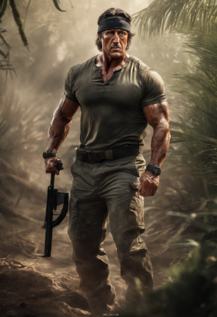 (best quality,4k,8k,highres,masterpiece:1.2),ultra-detailed,(realistic,photorealistic,photo-realistic:1.37),Sylvester Stallone,Rambo,action hero,muscular body,ripped muscles,confident expression,strong jawline,intense gaze,fierce determination,signature headband,battle-worn camouflage clothing,commando knife,bandolier,assault rifle,explosions in the background,dense jungle setting,sweat glistening on the skin,muddy terrain,stealthy approach,color grading with earthy tones,dynamic lighting creating dramatic shadows,gritty details,high contrast,adrenaline-filled atmosphere,blurred background emphasizing motion,iconic pose,strong highlights,deep shadows,man versus nature,rough textures,explosive action sequence,wide-angle perspective,cinematic feel,heroic proportions,imposing presence,unrelenting warrior,Sylvester Stallone as the ultimate action legend