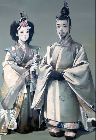 Painting of asian couple in traditional clothes, late meiji period, in the edo era, edo period, by Koson Ohara, by Mitsunobu Tosa, wearing kimono armour, feudal era japan, from sengoku period, by Mitsunobu Kano, Edo era, old japanese art, Wearing kimono armor