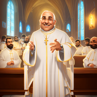 desenho animado de um padre em uma igreja com um grupo de pessoas, an evil catholic priest, sacerdote, O Papa, inspirado em Cagnaccio di San Pietro, papa, cleric, dressed like a cleric, Retrato do Santo Padre, Culto ao Papa, Catholic, robot pope, picture of a male cleric, Colorido digitalmente, in cartoon style, full-colour illustration