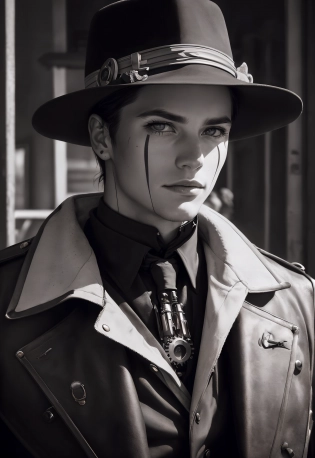 a close up of a person wearing a costume, skinny male magician, clockwork mechanical, black on white line art, westworld style, painted face, silver skin, security agent, stylized, desert circus, without text, fantasy character, gatekeeper, <lora:FilmProvia2:0. 8>, 16k, UHD, HDR, (Masterpiece:1. 5), (best quality:1. 5), RAW candid cinema, studio, 16mm, ((color graded portra 400 film)) ((remarkable color)), (ultra realistic), textured skin, remarkable detailed pupils, ((realistic dull skin noise)), ((visible skin detail)), ((skin fuzz)), (dry skin) shot with cinematic camera.