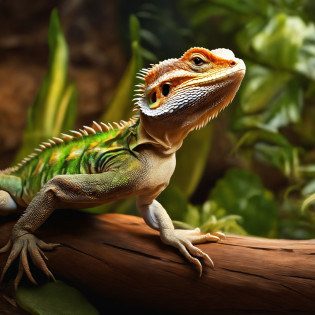 a Bearded Dragon,wood climbing in a glass tank,(best quality,highres,masterpiece:1.2),cartoon :1.37,detailed scales,expression on its face,warm lighting,glass reflections,vibrant colors,organic textures,scratches on the glass,high-resolution reptile,3D rendering,close-up shot,impressive wood grain,detailed bark,curved branches,stretching tail,engaging eyes,majestic reptile presence,subtle shadows,evoking calmness and curiosity,luminous highlights,endearing gaze