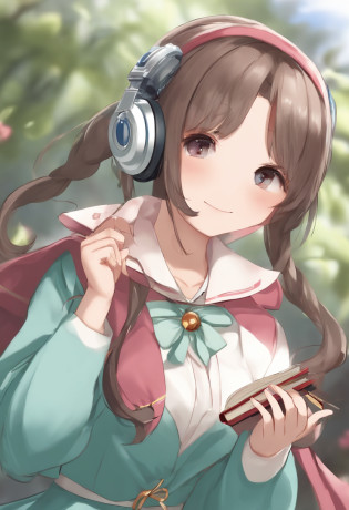 (Daisaku),(Need),(Super meticulous),(full bodyesbian:1.2),1girll,tchibi,adolable,ssmile,open-mouth smile,Light blue background,Raise your right hand,Holding pencil in hand,Holding a book in his left hand,music,Pink berets,Manteau,The shirt,short detailed hair,green headwear,Blurred,brunette color hair,longer sleeves,By bangs,Earphone,brunette color hair,(beautiful  detailed face),(???????),