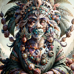 Chimpanzee Head ((Shaman)),,((meditative state),,Shaman, elegant chimpanzee, hair with details, with Indian headdress on head, ((meditating)) many colorful feathers, colorful feathers, facing the camera, detail: dense tropical foliage, highly detailed intricate, ((masterpiece)), ultra hyperrealistic, masterpiece