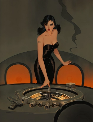 a woman in a black dress standing next to a roulet wheel, by Asaf Hanuka, by Craig Thompson, ( asaf hanuka ), darwyn cooke, phil noto comicbook cover art, by Antonio Saura, pulp femme fatale, by Tomer Hanuka, by John Keane, inspired by Asaf Hanuka, inspired by Tomer Hanuka