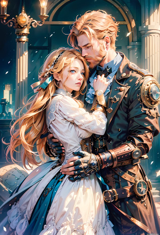 ((((steampunk))),woman with blond hair and blue eyes, hugging a muscular man with red hair and beard, green eyes, royalty, high quality, detailed, anime couple, couple, romance, elegant, high quality, high detail, with a blonde woman, blue eyes, couple, kiss, crush, masterpiece, love, tenderness, hugs, beautiful clothes, aristocrats, royalty, couple, crush, two people,  kiss, high detail, high quality, (extremely detailed CG Unity 8k wallpaper, masterpiece ), ((8k resolution)), ((hyperdetailed)), ((better quality)), (realistic: 1.2))), (superdetailed), (better lighting), (better lighting), ultra-HD, cryomotor, dynamic angle cameras, (depth of field), flowering, ((soft lighting)), (extremely delicate and beautiful illustration), ((soft lighting with gradient)), high resolution, sharp focus, pixel masterpiece,  ((Intricate details)), Full color, high detail, (semi-realistic: 1.6)