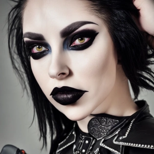 A close-up portrait of a gothic woman wearing crop top and a leather jacket, looking defiantly at the camera. The camera is a DSLR with a wide-angle lens and the lighting is harsh and dramatic.