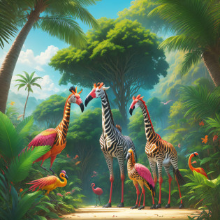 colorful paradise, jungle with colorful birds, zebras, giraffes, flamingos, toucans, macaws, tropical forest, rich in detail, 3d rendering, best quality, national geographic, award-winning photography, cinematic, cinema light, cinema quality, masterpiece, super detailed, hyper realism, by hildebrandt, stylize, fantasy, concept art, ((make-believe)), imaginary, supernatural, fantastic, unreal, dreamed, illusion, high quality, high, palms, colorful, hyper realism, digital art,  dreaming, dream , field of dream