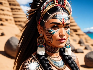 a woman from the Maori tribe in New Zealand, her face adorned with intricate tattoos that tell the story of her people. Her hair is styled in a voluminous mane, and she wears a traditional woven flax skirt that sways as she moves.