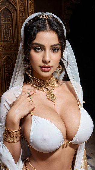 a woman in a veil posing for a picture, arabic goddess, traditional beauty, arabic, beautiful goddess, ornate cosplay, indian style, arabic super model, beautiful maiden, gorgeous woman, middle eastern with long, provocative arabic, gorgeous beautiful woman, intricate outfit, Arabian aesthetic, beautiful middle eastern girl, extremely detailed goddess shot, jaw-dropping beauty, big boobs deep cleavage sexy navel, perfect nails, detailed women's nails, white colored nails, finger nails, detailed feminine hand, very realistic hand with 5 fingers, perfect 5 fingers on hand, perfect 5 toes on feet