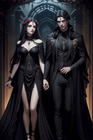 Persephone goddess of the underworld and Hades god of the underworld, in the underworld, Persephone holds a pomegranate, Hades stands by her side, black flowers surround them, pomegranate symbolizing their bond. mythological garden. Both wear opulent gothic attire adorned with celestial motifs. This artwork captures their deep love with a gothic touch, merging light and darkness to evoke their mythic union. best quality, 4k, ultra high quality, mythological style.