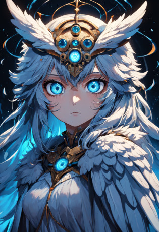 um close up de uma coruja com olhos azuis em um fundo preto, Coruja Radiante, criatura altamente detalhada, intrincado, coruja incandescente, the wisest of all owls, Grande arte digital com detalhes, coruja fofa com olhos grandes
