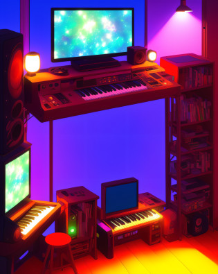 Hestyle internal view of the games room at night, colorful night, beat maker, keyboard