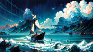 painting of a sailboat in the ocean with a cloudy sky, painted in high resolution, low detailed. digital painting, digital painting concept art, painted as a game concept art, stylized painting, concept art | rhads, painterly concept art, inspired by RHADS, atmospheric. digital painting, oil paint concept art, sailboat, very detailed digital painting