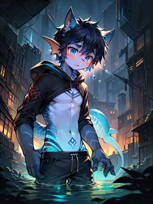 (Dark environment: 0.8),Puppet Focus,Panorama like,tmasterpiece,8K,Under the water,abyssal,shadowing,Soft lighting,Panorama like,the reef,airbubble,??,Ruined city,beam of light,shadowing,Fish Boy,Male teenager,with short black hair,Sweatshirt,Bottoms,Tentacle hair,Fin ears,fin,gill,Webbed hands,Elongated fish tail,scutes,Blue-black complexion,Luminescent tattoo