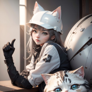 1cat?Anthropomorphic female cat?Female cat?glamor?Please wear a white helmet?Unmotivated eyes?Gray hairs?Pointing check?good!