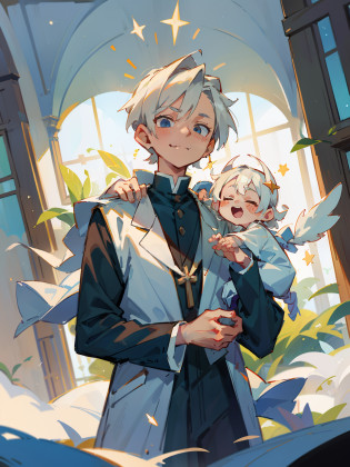 ?tmasterpiece?Best quality at best???highly details, Ultra-detailed 8K? ??????ssmile?finely detailed facial features?1 elegant young man and 4 lovely kids in a room full of stars??20-year-old man?Adult men?White priest?White hair???6 years old boy?White priest???6year old girl?White priest dress??Bask in starlight?Galaxy Academy?cyber punk perssonage?sense of science and technology?perfect compositions?
