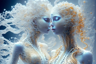 translucent women in biomechanical body, liquid cooling, intricate circuits, beautiful, elegant, white gradient with orang, yellow and golden smoke and blue crystal liquid, stunning, render, hyper realistic, octane render