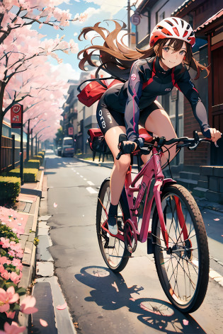 Ride a pink bike down the hill,japanese animation,Cinematic,Sunlight,Elegant girl Japanese,Nice face,Take a smile,Happy,(Indigo Blue White Pink Tight Bicycle Jersey,)Please wear a Ndigo Blue White Pink bicycle helmet,big brest,( Brown Pink Two-Tone Medium Hair,)Cherry blossom with falling petals,Detailed hairstyles,Insanely detailed,