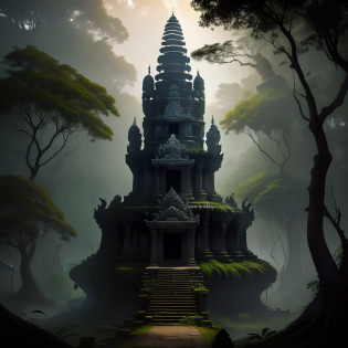 [Indian temple lost in the jungle and perched on a levitating rock, Castle resembling the Angkor temple, lush vegetation and wild garden covering the temple]+[all the jungle and the temple on a levitating rock, pointing down, trees and jungle roots enter the castle lit by luminous leaves, a colorful parrot is on a branch in the right foreground, on a tree on the left a black panther is taking a nap, the Angkor temple looks mysterious , ambiancr dawn night]+[jungle, indian lost temple, detailed image]