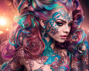 (style of richard deacon), formal wear  android,1girl,a  beautiful girl in a colourful dress with colourful intricate tattoos surrounded by colourful patterns,(Luminous burning hair:1.2),  realistic fantasy, extremely detailed and beautiful , 8 k resolution,