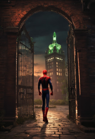 Spiderman in black coloured suit swinging in front of arkham asylum, with 