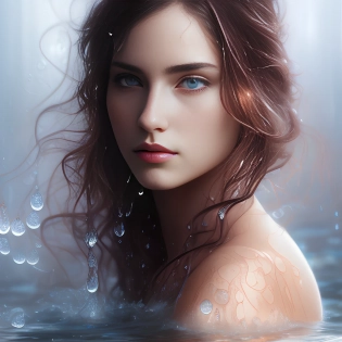 mdjrny-v4 style, beautiful girl, pretty eyes and water blue messy hair, outside, naked, wet with rain water, symmetrical face, background rain storm, highly detailed, art by artgerm and greg rutkowski and alphonse mucha