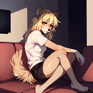 (By hyattlen, by fumiko, by claweddrip):1.2, solo, one girl, a cute tan anthro furry hyena girl, female, fluffy brown ears, (tan_fluffy_body:1.1), black nose, faded yellow eyes, (cute_snout:1.1), fluffy tail, long blonde hair, sharp big canine teeth, small breasts, brown toes, wearing torn white t shirt, black shorts, sitting on a couch, in a living room, (shadowyfigure in the background:1.4), shadow couple in the background, sad, looking away, dark room, shadows, detailed intricate background, dimly lit room, tv glow,