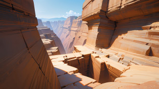 In the heart of a vast and ancient canyon, towering rock formations rise majestically against a backdrop of an endless cerulean sky. Carved by the forces of nature over millennia, the canyon walls reveal intricate layers of sediment and vibrant hues, painting a breathtaking portrait of geological history. A gentle river winds its way through the canyon floor, carving a path amidst the rugged beauty. As you stand on the canyon rim, you are humbled by the sheer magnitude of this natural masterpiece, a testament to the Earth's timeless artistry. A masterpiece, 8K, best quality, ultra-detailed, cinematic beautiful lighting, intricate details, looking at viewer, depth of field -