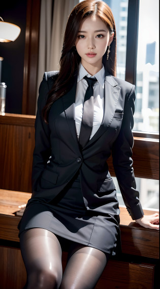 Classy upper-class elite secretary in business shirt, working in an office?Wearing a strict business suit, Wearing pantyhose?Wear high-end high heels? Girl in a shirt, Wearing a business suit, Wearing a business suit, in a business suit, businesswoman, business clothes, wearing black business suit, Wear shirts and skirts, Woman in business suit, Business attire, business outfit, Raw photo, (8K?top-quality??masterpiece:1.2)?(intricate detailes:1.4)?(Photorealsitic:1.4)?octane renderings?Complex 3D rendering ultra detail, Studio Soft Light, Rim Lights, vibrant detail, super detailing, realistic skin textures, Detail Face, Beautiful detail eyes, Very detailed CG Unity 16k wallpaper, make - up, (detailedbackground:1.2), Exposed thighs!!!,
