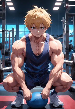 gojo satoruin gym clothes training intensely in a bodybuilding gym, buff, looking a viewer, gym, muscle , working out, sitting on the bench