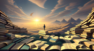 Image of Alphad of a man standing in a pile of books, sylvain sarrailh and igor morski, iintricate?Epic composition, endless books, surreal 3 d render, surreal scene, matte painting of human mind, wanderer above the sea of fog, surreal dreamscape, in a surreal dream landscape, author?Kurt Roesch, Flying books